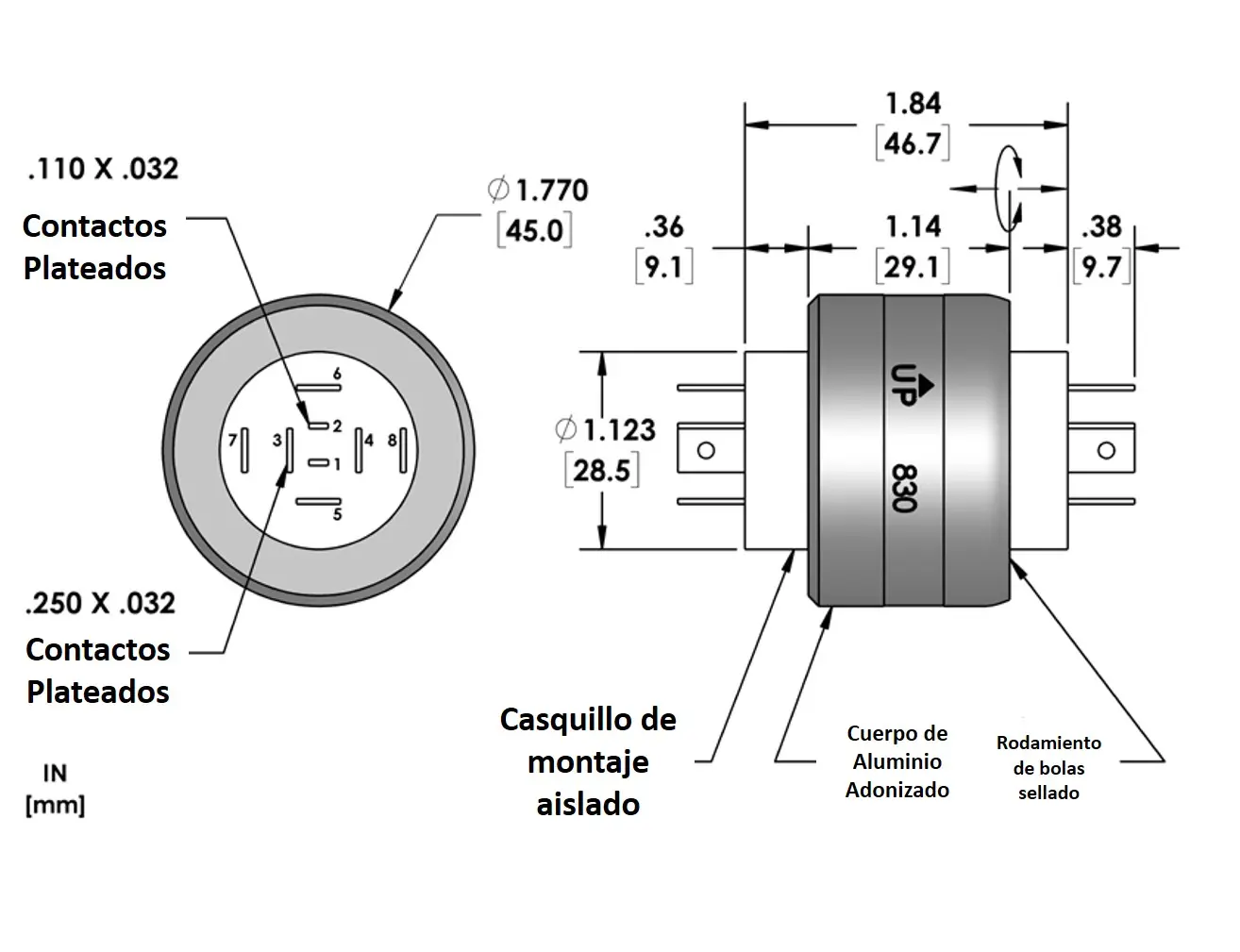 Diagrama técnico del colector rotativo Mercotac 830 de 3 polos para alta corriente.